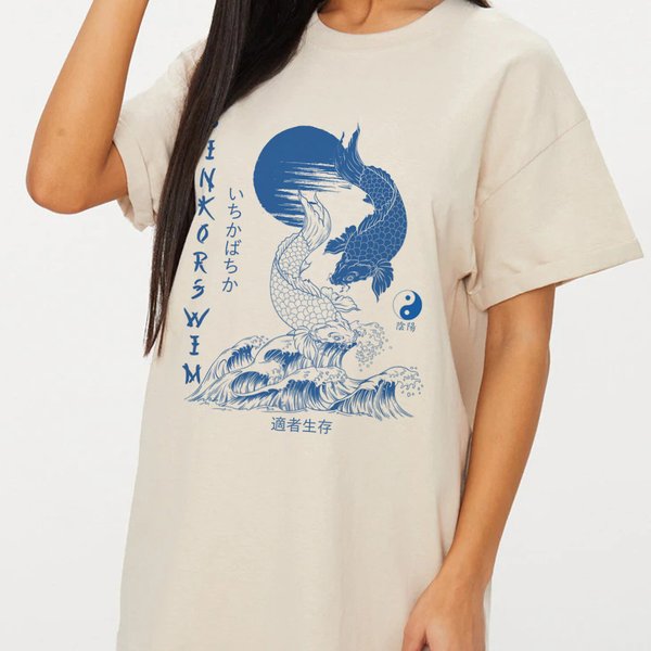 Koi Fish Japanese Style Vintage T Shirt, Harajuku Streetwear, Économie pour femmes, Yin Composer Graphic Tshirt, Aesthetic Clothing, Plus Size