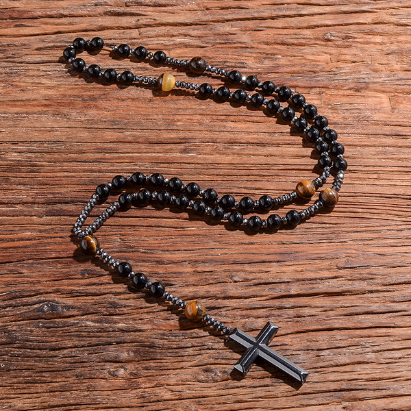 Collier pendentif croix catholique chrétienne en onyx noir et œil de tigre jaune, bijoux de méditation Mala, chapelet pour hommes et femmes