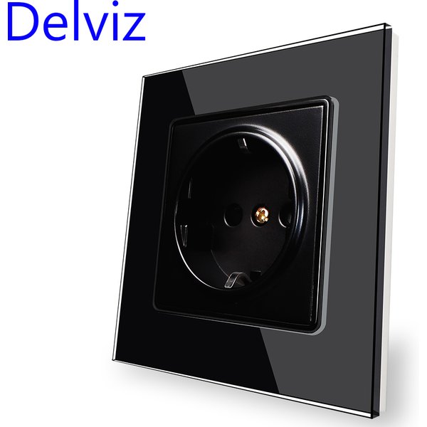 Prise murale en verre trempé Delviz, prise électrique domestique 16A, panneau carré en cristal noir, AC 110V-250V, prise murale standard UE