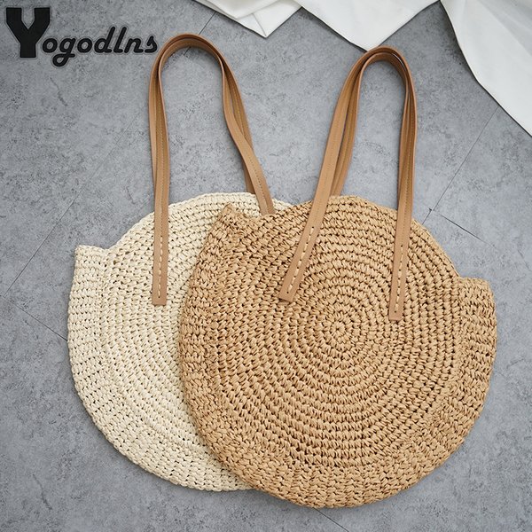 Runde Stroh Strandtasche Vintage handgemachte gewebte Umhängetasche Bast Kreis Rattan Taschen böhmische Sommer Urlaub Casual Taschen