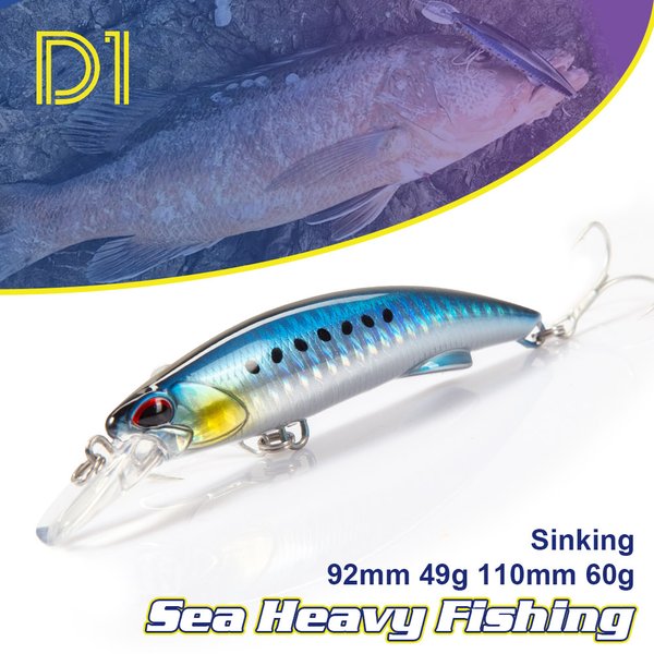 Leurre de pêche D1 Sea Minnow à coulée lourde 92mm 49g 110mm 60g pour rochers et plage, appât dur, wobblers pour thon, carpe, brochet avec hameçons triples DT5005