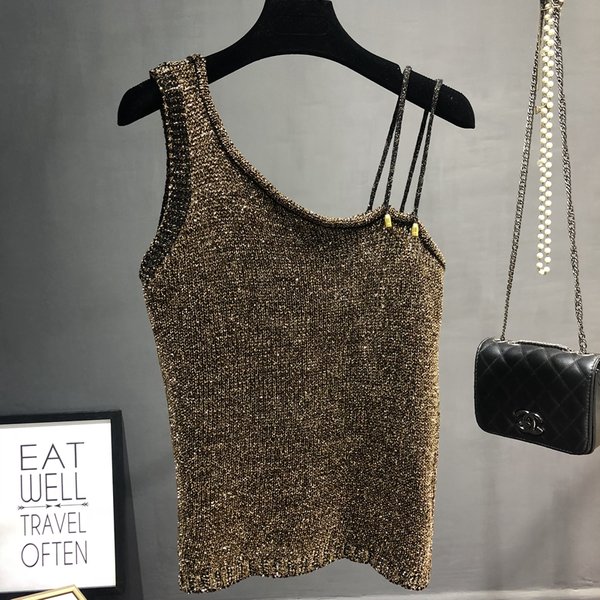 Été nouveau Sexy épaule inclinée Joker pull gilet montrer mince brillant soie brillante facile Ins Condole haut femme