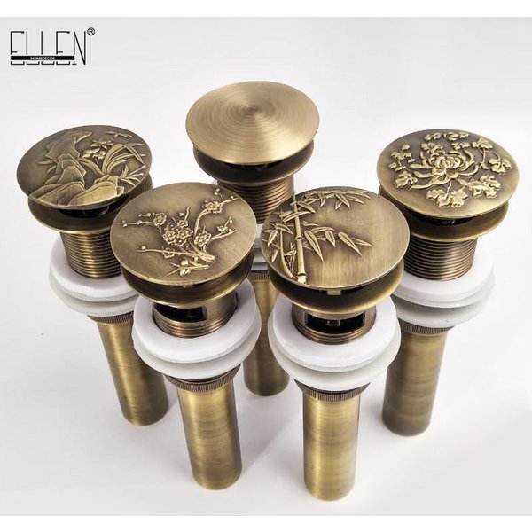 Vanne de vidange escamotable pour lavabo de salle de bain avec couvercle rond sculpté, en laiton, avec et sans trop-plein, pour évacuation des eaux usées de lavabo ELF33