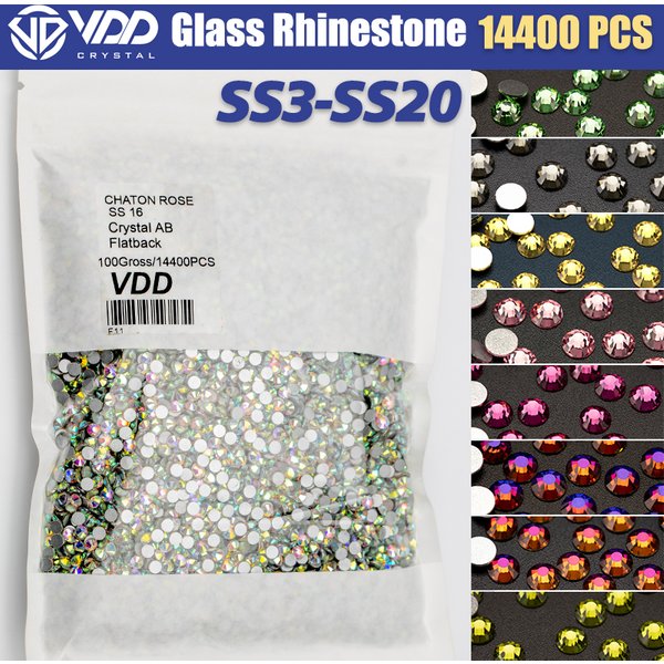 VDD – strass en verre, colle cristal sur pierres 3D à dos plat, pour décoration Nail Art, vêtements, bricolage, vente en gros, SS3-SS20 14400 pièces/paquet