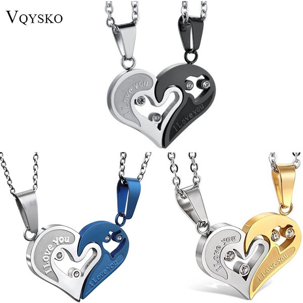 Two Colors Stainless Steel Mens Womens Couple Necklace Pendant Love Heart CZ Puzzle Matching