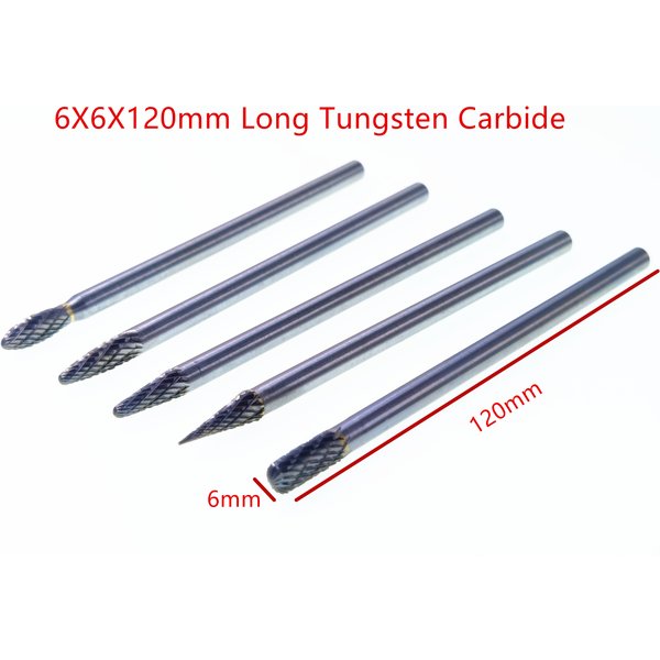 1 pièce de fraises longues en carbure de tungstène 6x6x120mm pour Dremel, pour le meulage de l'acier et le meulage du bois