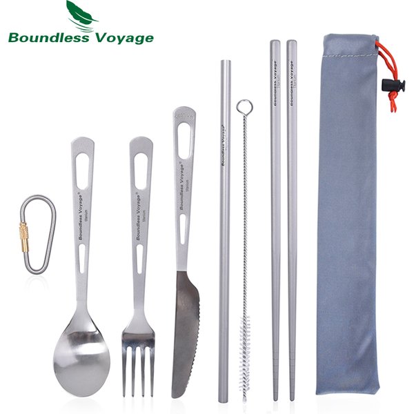 Vaisselle de voyage en titane sans limites, couverts de voyage, couteau, fourchette, cuillère, baguettes, paille, couverts de pique-nique de Camping en plein air
