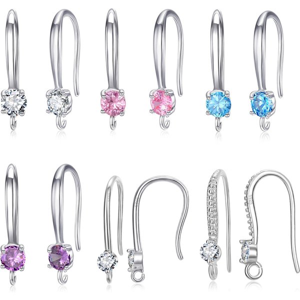 Authentic 925 Sterling Silver Stamp S925 Hook Earrings White Pink Blue Purple Cubic Zircon Ear Jewelry Accessories Findings