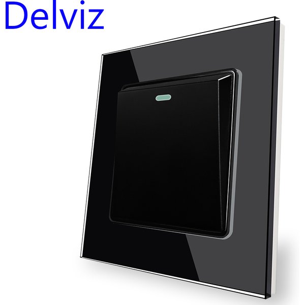 Delviz Hartglas-Panel, TV-Computer-Schalter 86mm*86mm, Schwarzer 1-fach 2-Wege-Drucktastenschalter, Kristall 16A Wandstromschalter