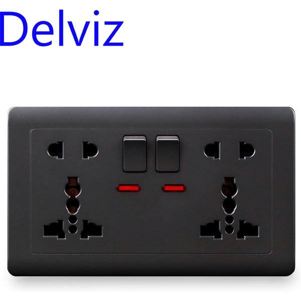 Delviz International Universal 5-Loch-Steckdose Rechteckige Wandsteckdose mit Lichtschalter EU-Standard 13A Stromausgang