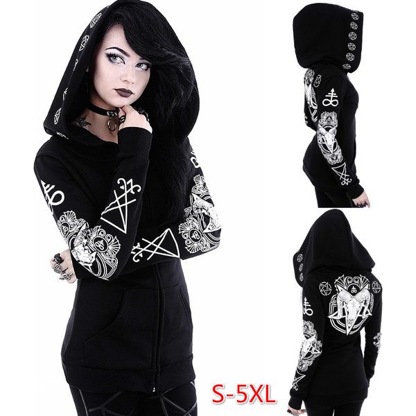 Fashion Trend Women's Winter Irregular Black Punk Hooded Coat Sheep's Head Moon Printed Sweater
