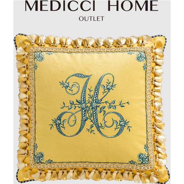 Medicci-Juste de coussin de style français avec glands, taie d'oreiller artisanale, lettre H, luxe authentique, vintage, jaune, canapé, maison