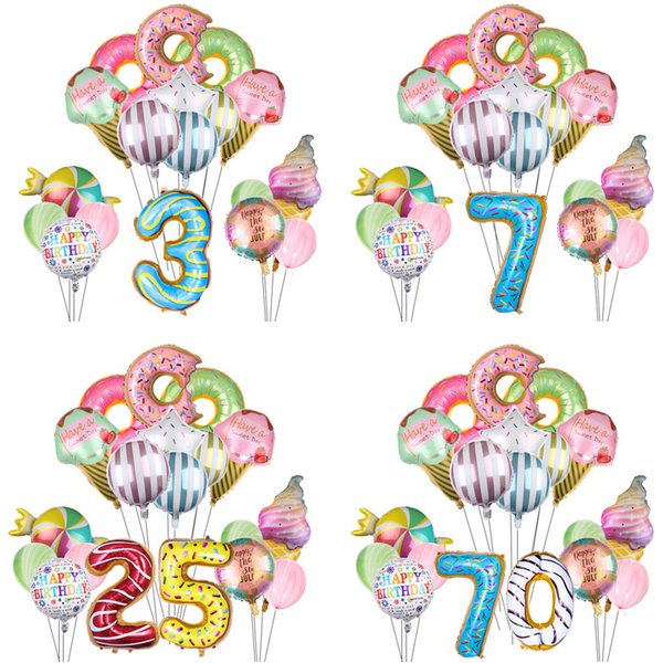 Ensemble de ballons numéro de crème glacée sucrée, Donut, bonbons, thème alimentaire, décorations de fête d'anniversaire pour enfants et adultes, 18 pièces/lot