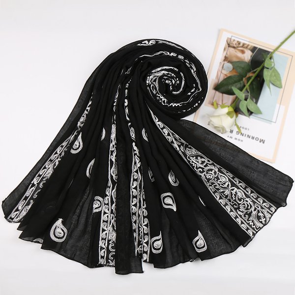 11 Colors Plain Embroider Cashew Nut Floral Viscose Shawl Scarf Women High Quality Pashmina Stole Bufandas Muslim Hijab 180*90Cm