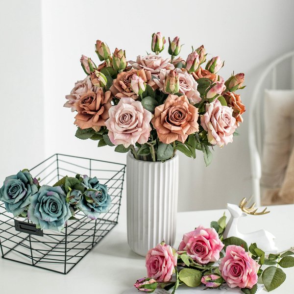 Fleurs artificielles grandes Roses en soie, nouveau Vase de branche magnifique pour la décoration de mariage à la maison, fausses plantes d'automne rétro, décor de noël
