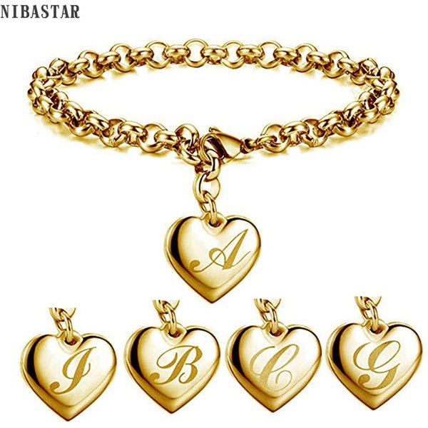 Initial Charm Gold-Color Bracelets Stainless Steel Heart 26 Letters Alphabet Bracelet for Women Girls Kids Gifts
