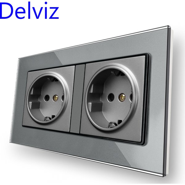 Prise murale Delviz 16A, prise rectangulaire AC 110V~250V, panneau en verre trempé gris, prise double standard européen.