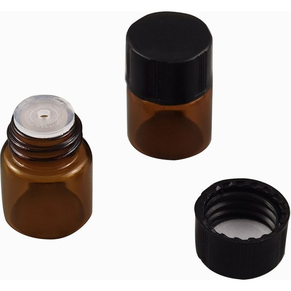 Vente chaude 100x1ML Mini Bouteille En Verre Ambré Flacon avec Réducteur D'orifice et Bouchon Noir 1/4 Dram Petite Bouteille D'huile Essentielle