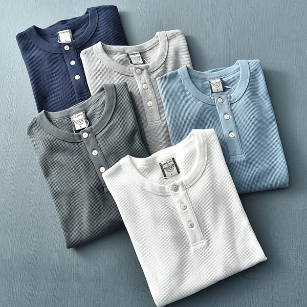 Autumn New Long Sleeve Henry Collar Waffle Solid Color T-shirt Men's Fashion Simple 80% Cotton Washed Old Loose Casual Tops