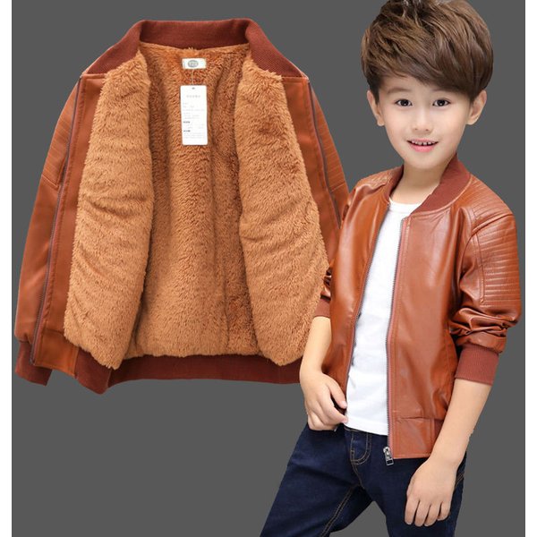 Boys Coats Autumn Winter Fashion Children's Plus Velvet / No Velvet Two Styles Warming Cotton PU Leather Jacket For 1-11Y Kids