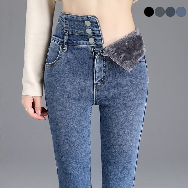 Thermique hiver épais polaire taille haute chaud jean moulant épais femmes Stretch bouton crayon pantalon maman décontracté velours jean