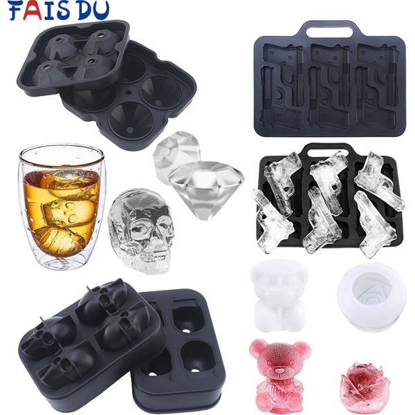 FAIS DU Skull Ice Mold 3D Diamond Tray Stackable Silicone Ice Mold Whiskey Cocktail Beverage Iced Tea Bloom Rose