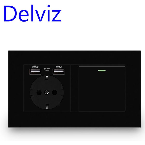 Delviz Schlafzimmer-Lichtschalter, EU-Steckdose mit zwei Rahmen und 16 A und Schalter, weißes/schwarzes/graues Panel, USB-Wandanschlüsse, Steckdose
