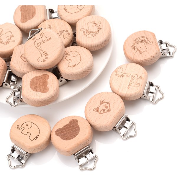 5 pièces Animal petit éléphant coeur motif sucette Clips hêtre bois attache-sucette pour bébé bricolage sucette chaîne accessoires