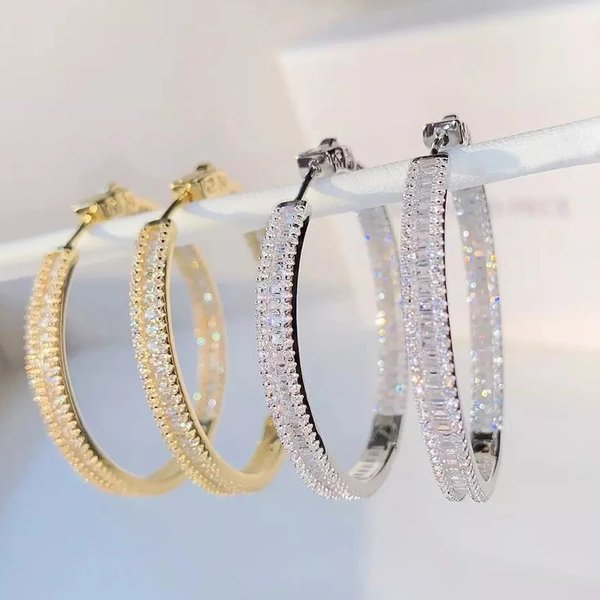 2025 Spring New Fashion Jewelry 5A Cubic Zirconia Iced Out Geometry Bling Cz 45mm Big Huggie Hoop Earring Women Charm Party Gift