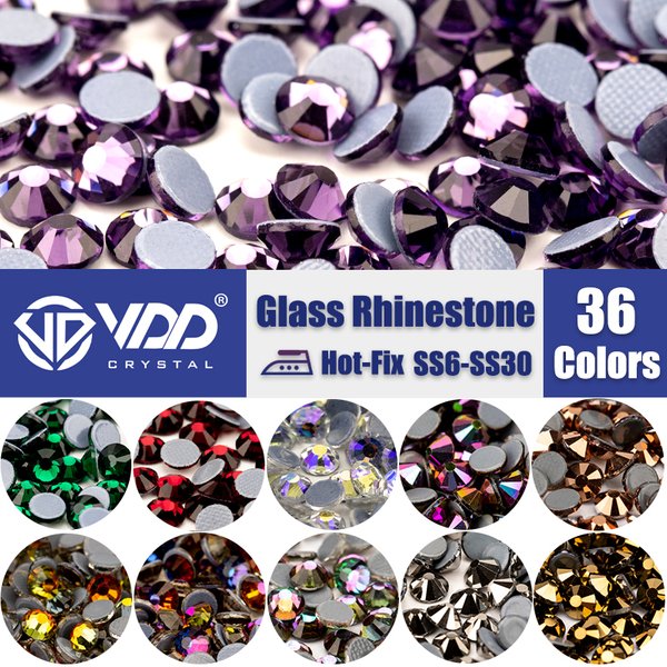 VDD Mehrfarbiger SS6-SS30 Glaskristall Hot Fix Strasssteine Flatback Eisen auf Steine für DIY Nail Art Stoff Kleidung Dekoration
