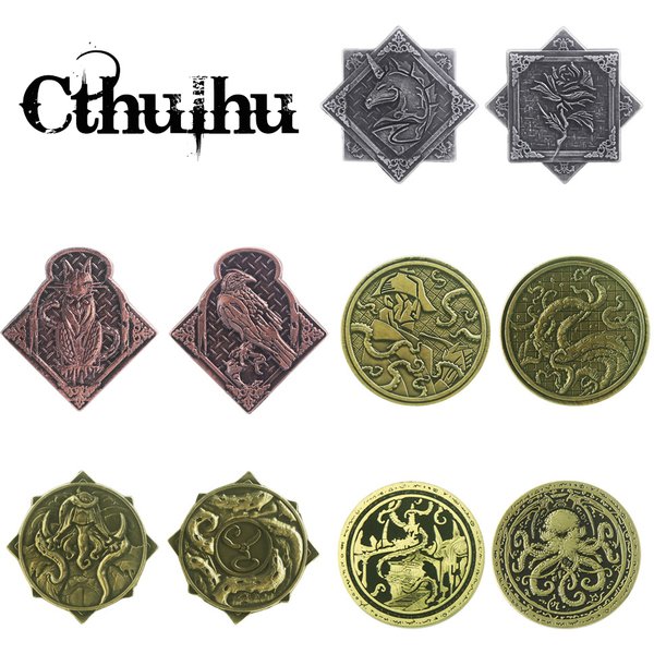 Cthulhu Emblem Hunter Metal Coin Two Sides Allan Poe Demon Steampunk Octopus Keychain For Men Collection Gift Jewelry