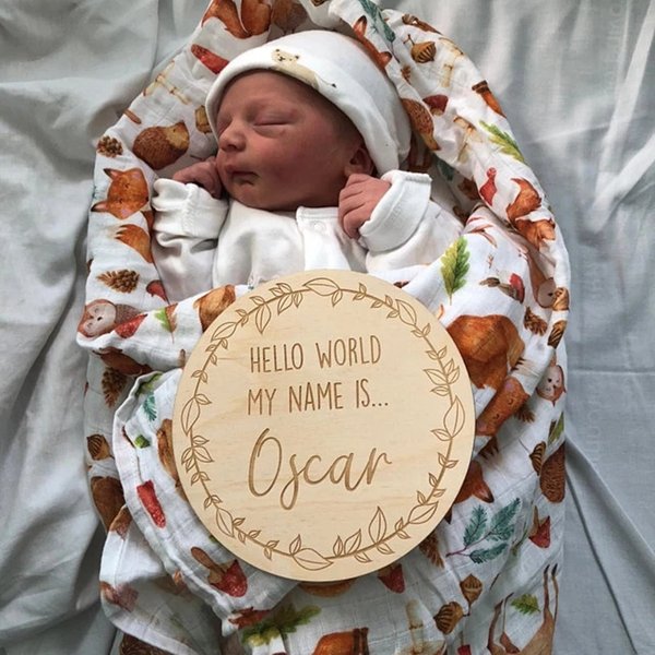 Plaque d'annonce de naissance personnalisée en bois, signe de révélation du nom de bébé, Hello World, Tacplex