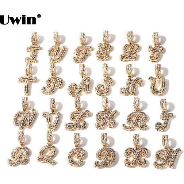 UWIN Initial Buchstaben Anhänger Halskette mit Tennis Kette Iced Out Baguettecz Cursive Brief Charms Hip Hop Halsketten für Geschenk