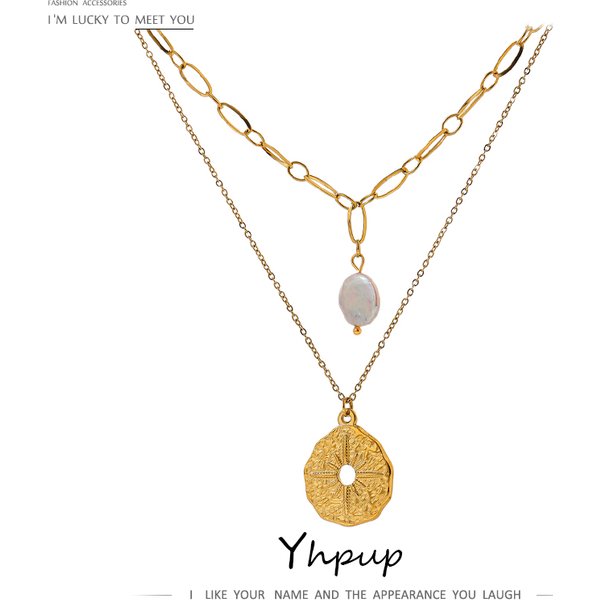 Yhpup – collier rond avec pendentif en forme d'étoile du nord pour femmes, en acier inoxydable doré, chaîne de perles naturelles