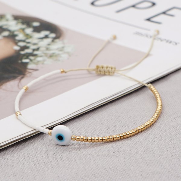 Go2BoHo Evil Eye Armband Miyuki Zierliche kleine Perlen einfache Armbänder für Frauen Modeschmuck Gold Weiß Farbe verstellbares Seil