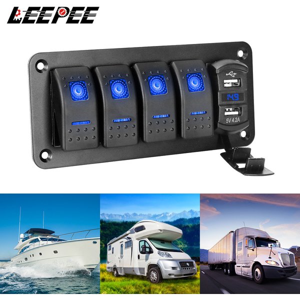 Panneau de commutation 24V 12V, 4 boutons, bascule de lumière, chargeurs USB, adaptateur 3.0, voltmètre, testeur, accessoires pour voiture, bateau, caravane, camping-car