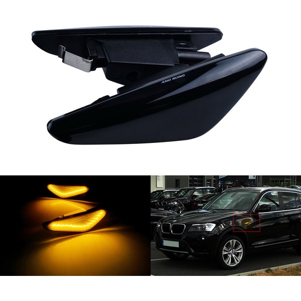 ANGRONG 2X Black Smoked Lens Side Indicator Marker Amber LED Repeater Light Lamps For BMW X3 F25 X5 E70 X6 E71 E72
