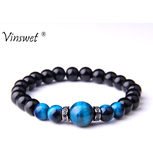 Bracelets en pierre naturelle pour hommes, bleu Royal, œil de tigre, élastique, à la mode, breloque CZ, perles d'onyx noir, bijoux