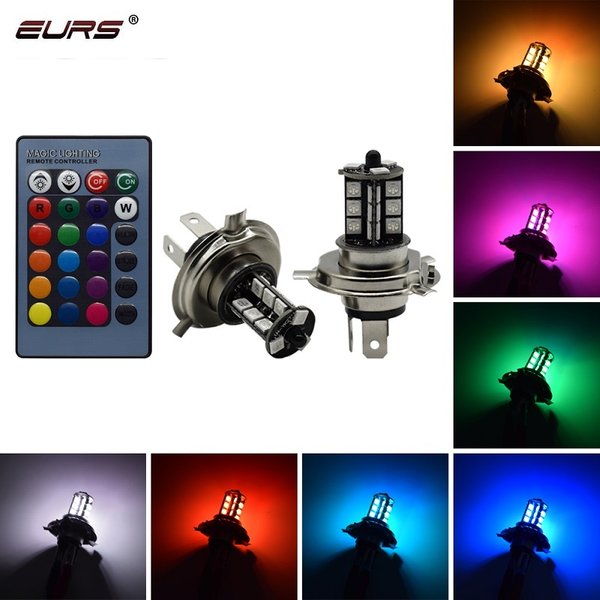 Phare antibrouillard H4 RGB LED pour moto, 2 pièces, 5050 LED 27SMD, H9 H11 H7 H1 H3 21smd, avec télécommande, style de voiture
