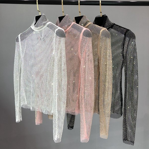 Veste ajourée à manches longues et col roulé pour femme, vêtement Sexy, maille scintillante, diamant, pour cultiver sa morale, chemise de fête