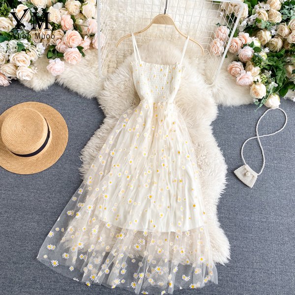 YuooMuoo mode coréenne marguerite fleur imprimé maille robe de soirée été deux couches Spaghetti sangle vacances robe mi-longue plage robes