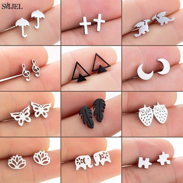 Stainless Steel Earings Fashion Jewelry Small Animal Ear Studs Punk Cross Music Umbrella Ballet Stud Earrings Pendientes Gifts