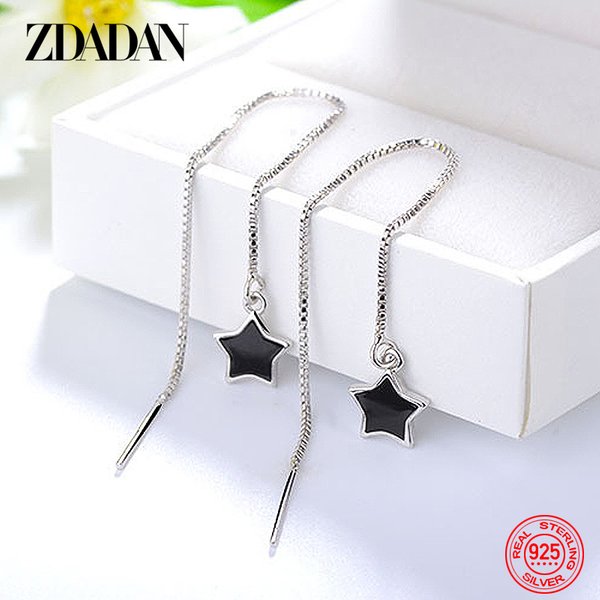 ZDADAN 925 Sterling Silber Schwarzer Stern Langer Kettenohrring Für Frauen Mode Hochzeit Schmuck Geschenk
