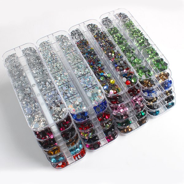 Neues Box-Set, 36 Farben, 12 Gitterbox, Hotfix-Strasssteine, 1200 Stück, flache Rückseite, Kristallstein für DIY-Kleidung, Schuhbeutel, kostenloser Versand