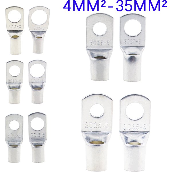 Cosses de câble en cuivre étamé, trou de boulon, jeu de bornes de batterie, connecteur de fil 4 mm2 6mm 10/16/25mm 35/50mm 5mm 6mm 8mm 10/25 pièces