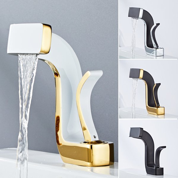 Tuqiu Badezimmer-Wasserhahn, Messing, Gold, Weiß, Badezimmer-Waschtischarmatur, Kalt- und Warmwassermischer, Waschbecken-Wasserhahn, Deckmontage, Schwarz-Gold-Wasserhahn