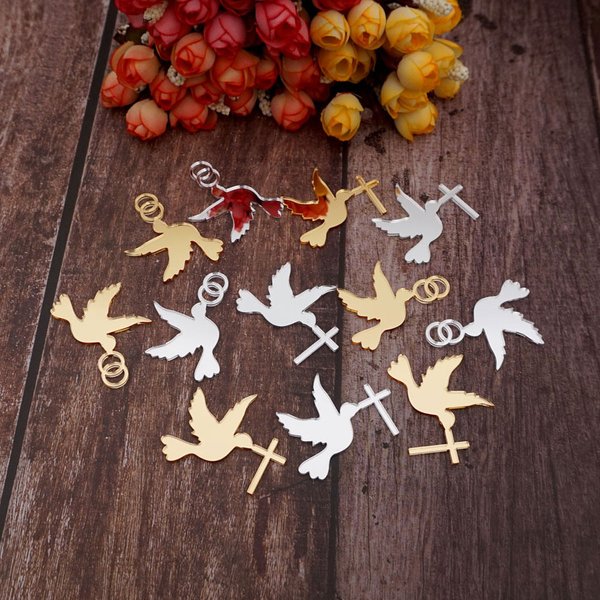 50 pcs/Lot 5 cm forme de Pigeon acrylique coupe colombe miroir avec croix/anneaux étiquettes acryliques bricolage baptême décoration de la maison