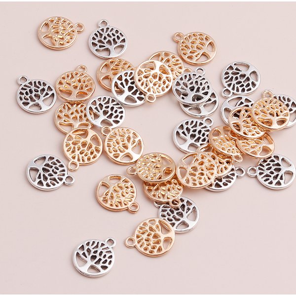 50pcs petit arbre de vie creux bricolage pendentifs colliers Vintage Antique couleur argent arbres breloques faisant des bijoux 13x13mm accessoires