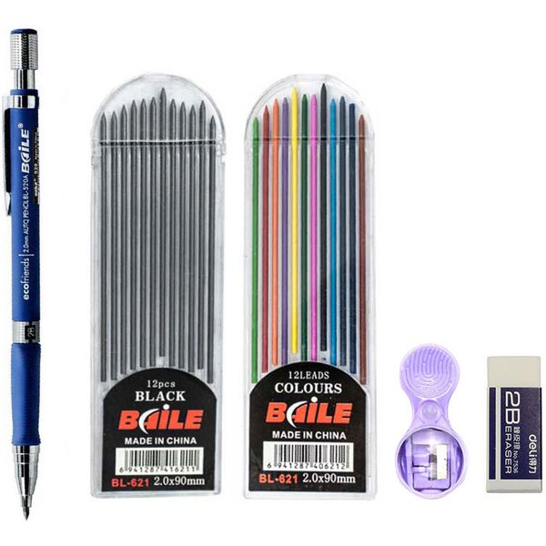 2.0mm Mechanical Pencil Set 2B Automatic Pencils with Color/Black Lead Refills for Draft Drawing, Writing, Crafting, Art Sketch