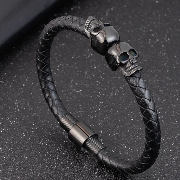 Hyperbole hommes bijoux noir tressé Bracelets en cuir en acier inoxydable Bracelets en cuir Cool crâne Bracelets hommes Bracelet
